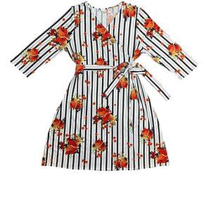 NEW LuLaRoe XL Michelle True Wrap Dress Red White Black Stripe Floral 3/4 Sleeve